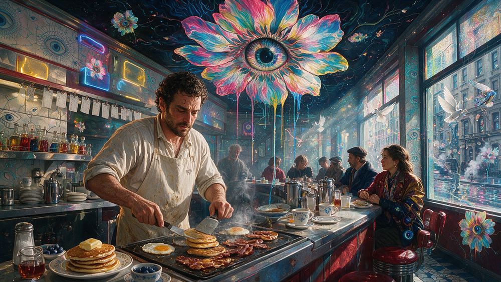 Angelo Marchetti, a short order cook working the whole griddle alone