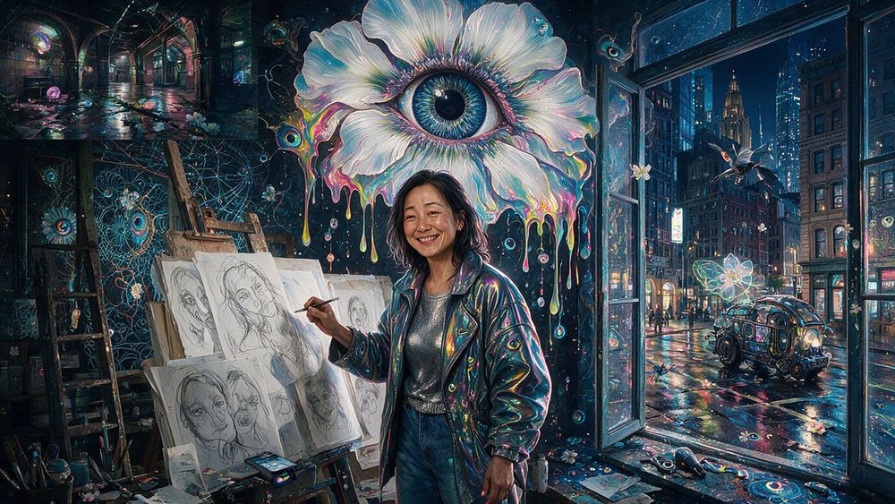 Ah-lam Matsuda, a woman who builds iconography as a system, wires and clouds and beams