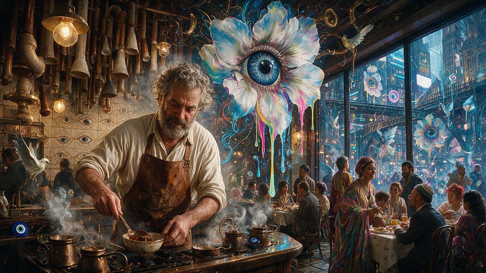 Yosef Halpern, a man at a bank of small steam kettles making pan roasts