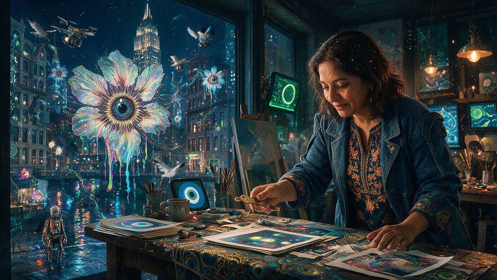 Nusrat Siddiqui, a painter watching a countdown at a kitchen table in Astoria at midnight