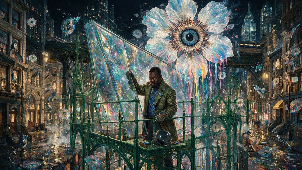 Kelvin Wilkes, a glazier setting a pane the size of a room
