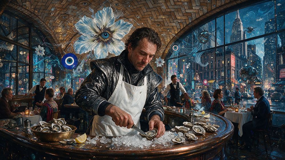 Marek Bogdanov, a shucker behind a curved counter under vaulted herringbone tile