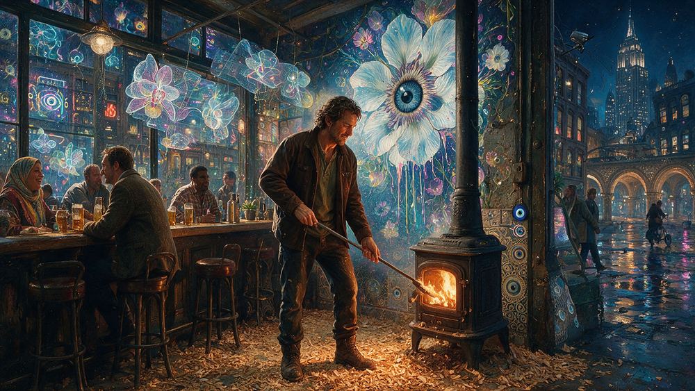 Nizar Osmani, a man who stokes the stove in the middle of the barroom floor