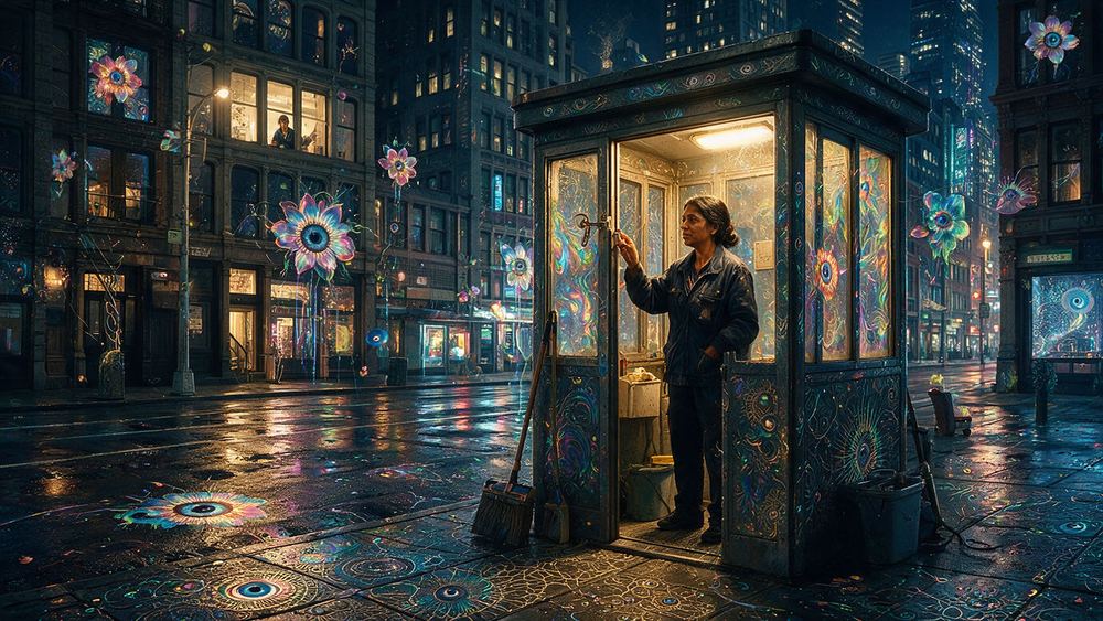 Nusrat Narayanan, an office cleaner alone on a lit floor at midnight