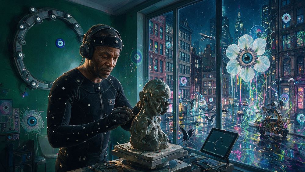 Segun Cisse, a man who sculpts in a headset in a Flatiron loft