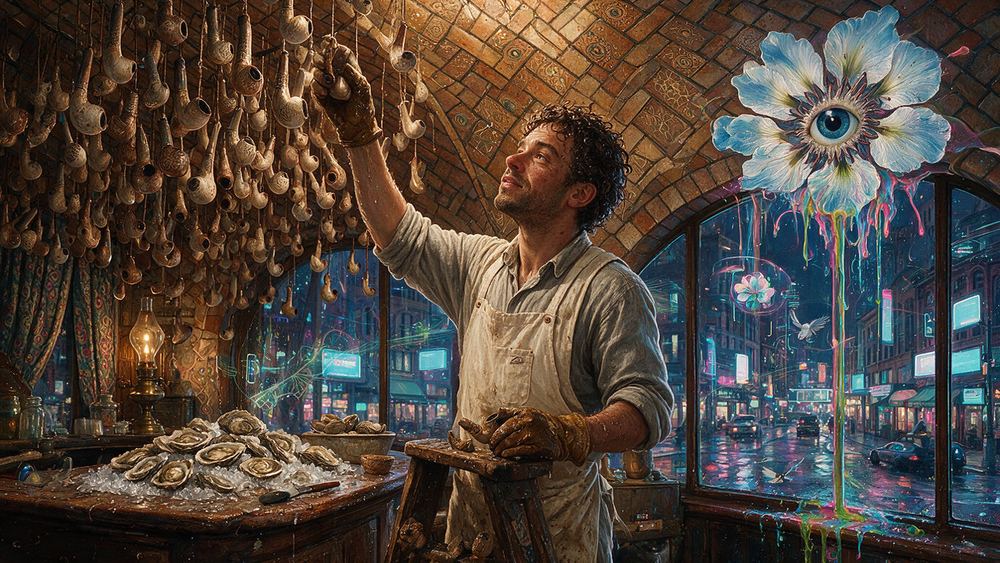 Lloyd Hyacinth, a shucker behind a curved counter under vaulted herringbone tile