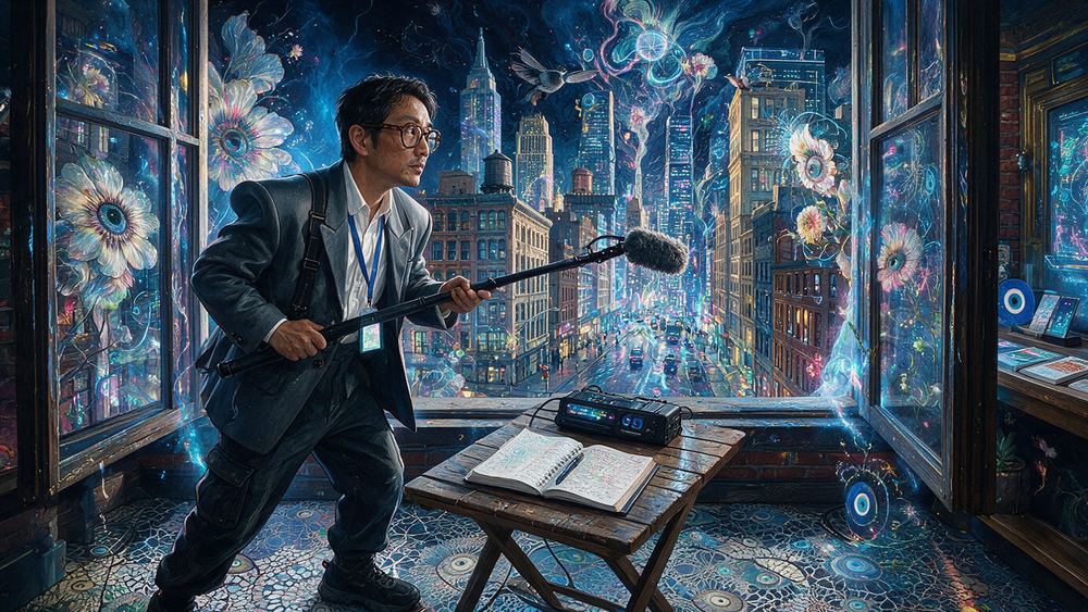 Hyun-woo Chow, a sound man who holds a boom over a folding table in a gallery back room