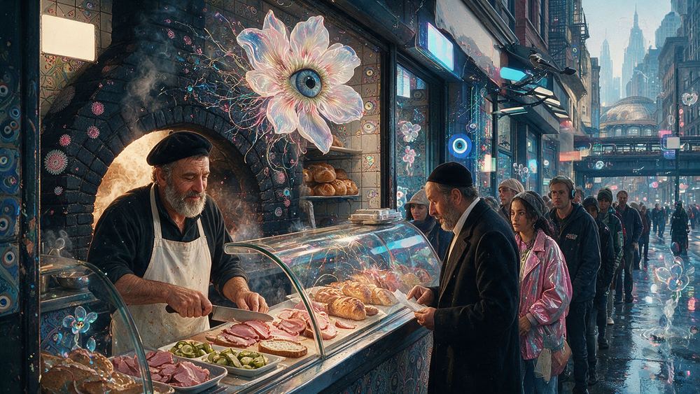 Mendel Rosenblatt, a man who fillets sturgeon behind a curved glass case