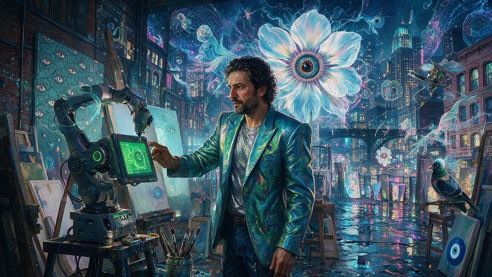 Ayman Farhat, a man who runs a painting robot in a Long Island City studio
