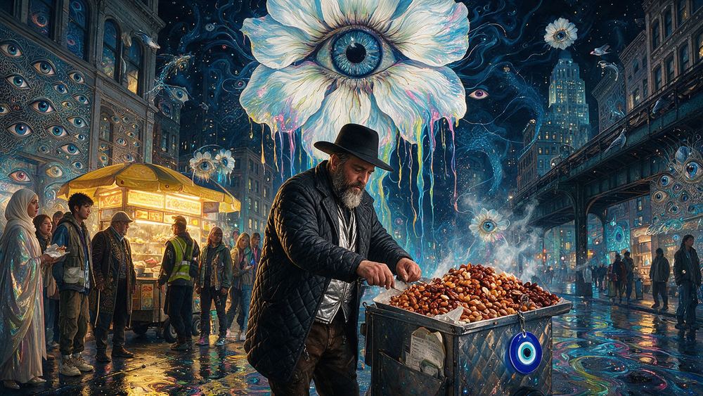 Shmuel Zilberman, a man who sells nuts from a cart with a smell you can follow two blocks
