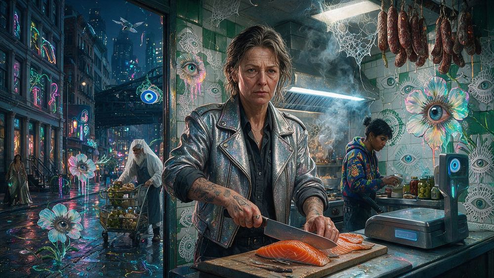 Denise Bridges, a woman who hand slices smoked salmon in a narrow white tiled shop