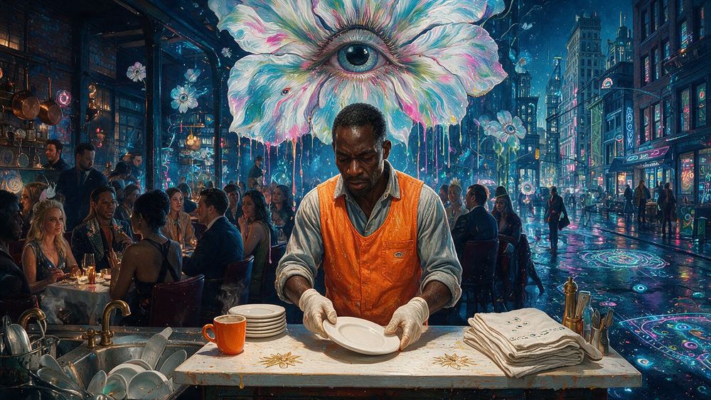 Babatunde Nwachukwu, a man at a pale wood tasting counter with two stars