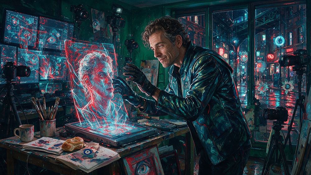 Enzo Wren, a man who builds every portrait in red and cyan so it stands off the wall