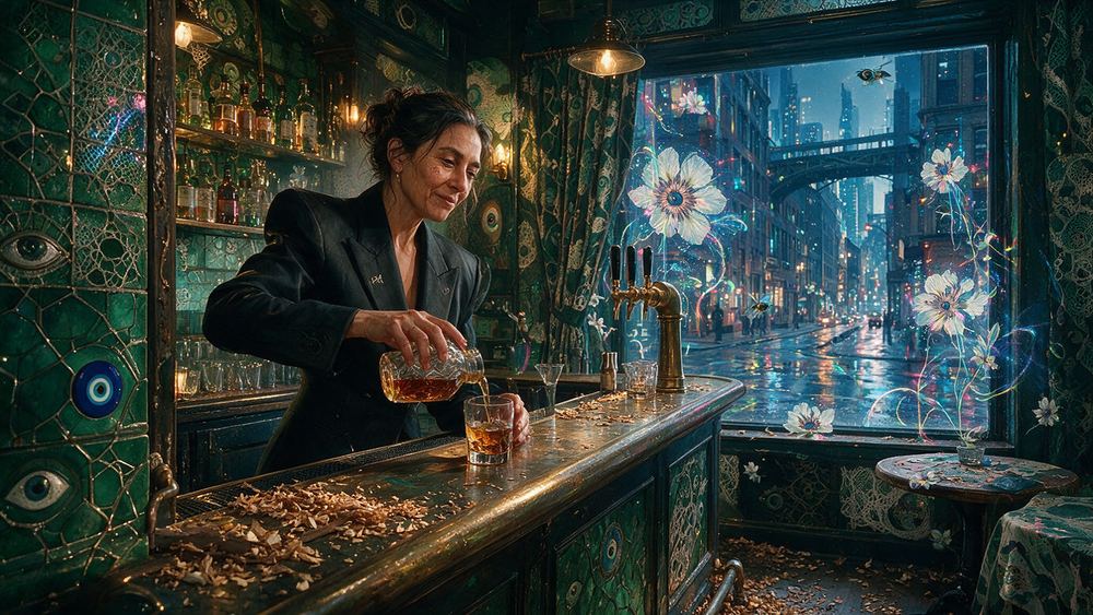Malka Katzenberg, a woman pouring behind a dark bar in a low West Village room