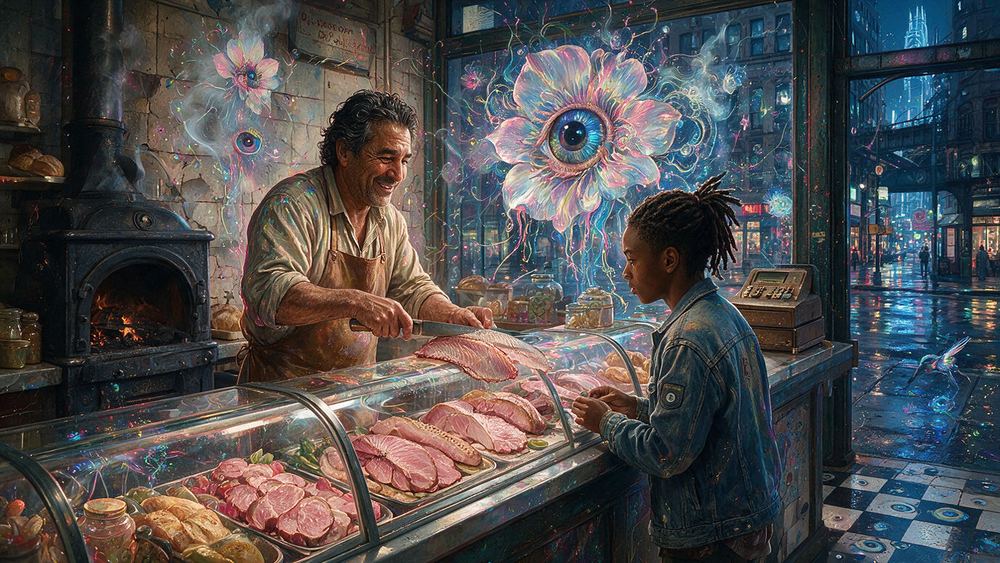 Aurelio Almonte, a man who fillets sturgeon behind a curved glass case