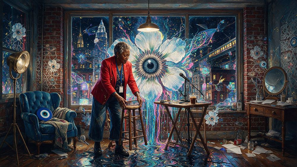 Marcia Toussaint, a stagehand setting two stools under a single warm lamp