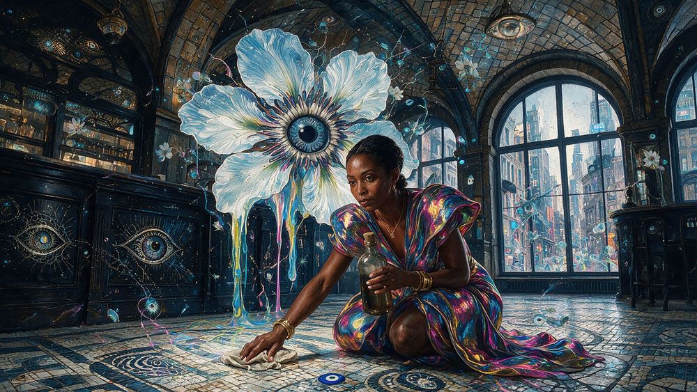 Amara Cisse, a woman who polishes a mosaic floor before the room opens