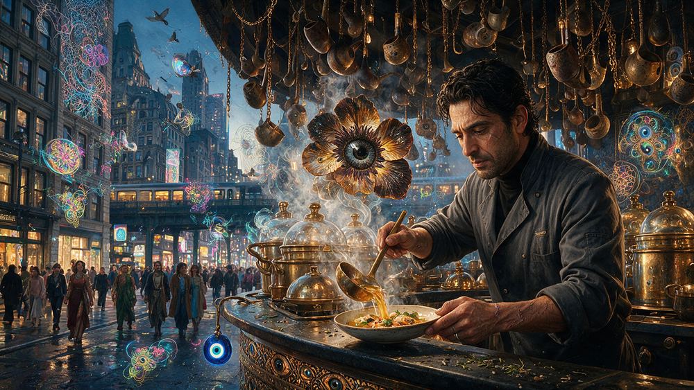 Waleed Khalil, a man at a bank of small steam kettles making pan roasts