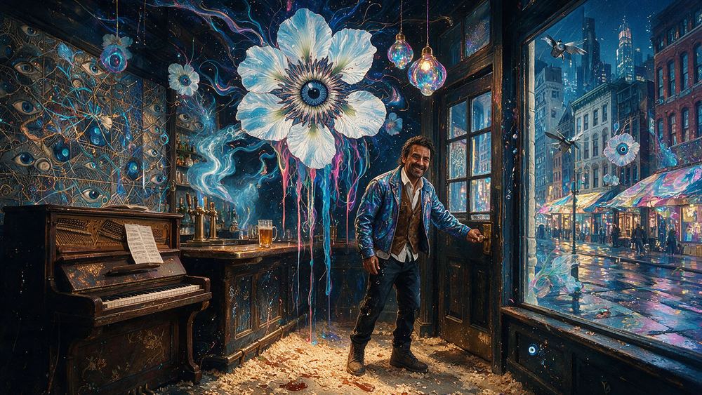 Damion Achille, a bartender at a hotel bar with a mural everybody photographs