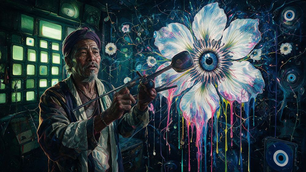 Dorje Tsering, a man who prints corrupted JPEGs on tarpaulin and hangs them on a fence