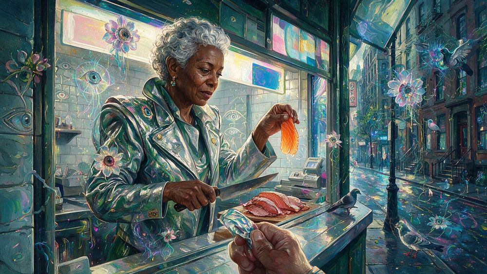 Yvonne Baptiste, a woman who hand slices smoked salmon in a narrow white tiled shop