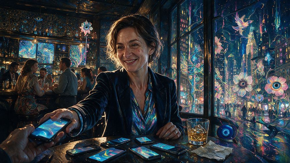 Oksana Moroianu, a woman with six phones on one table at a Wall Street bar