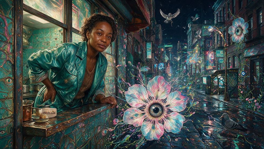 Trina Sealy, a woman leaning through an all night Cuban takeaway window