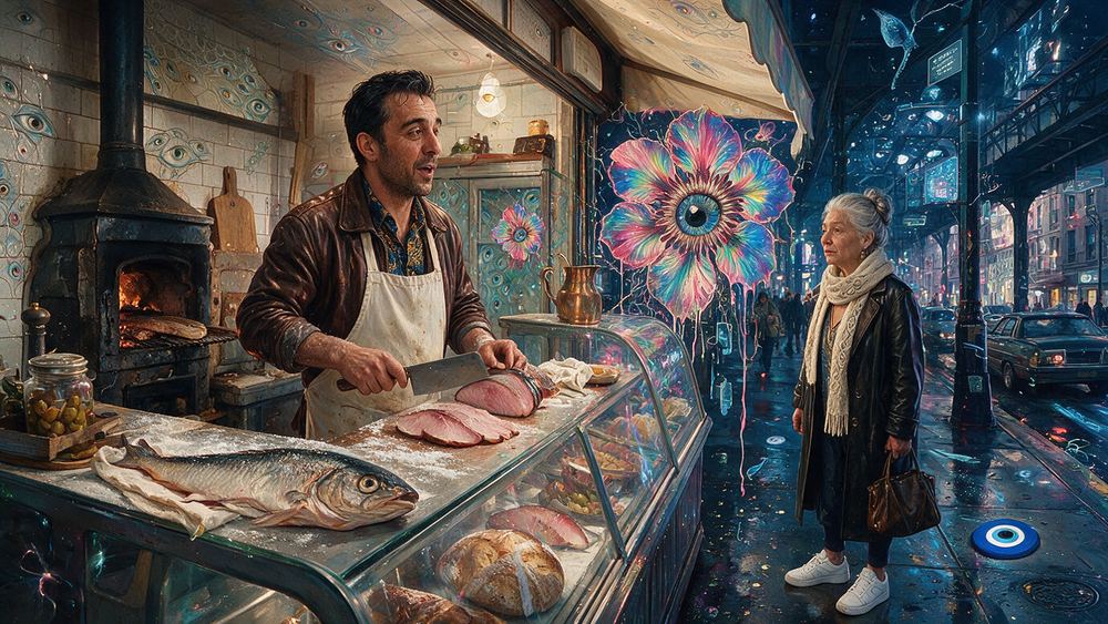 Halim Demir, a man who fillets sturgeon behind a curved glass case