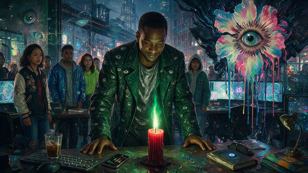 Desmond Jean-Baptiste, a man watching a candle at four in the morning in a Flushing internet cafe