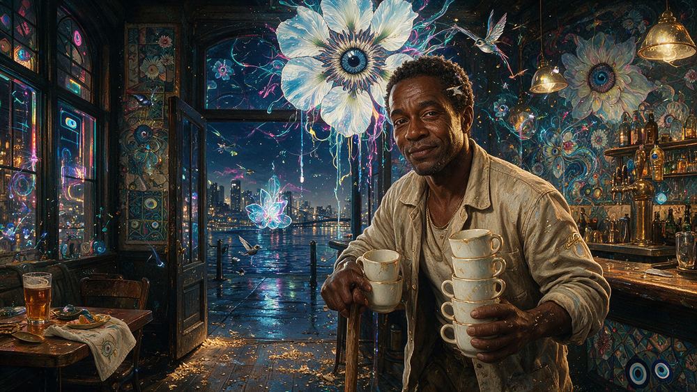 Ossie Devereaux, a bartender at a hotel bar with a mural everybody photographs