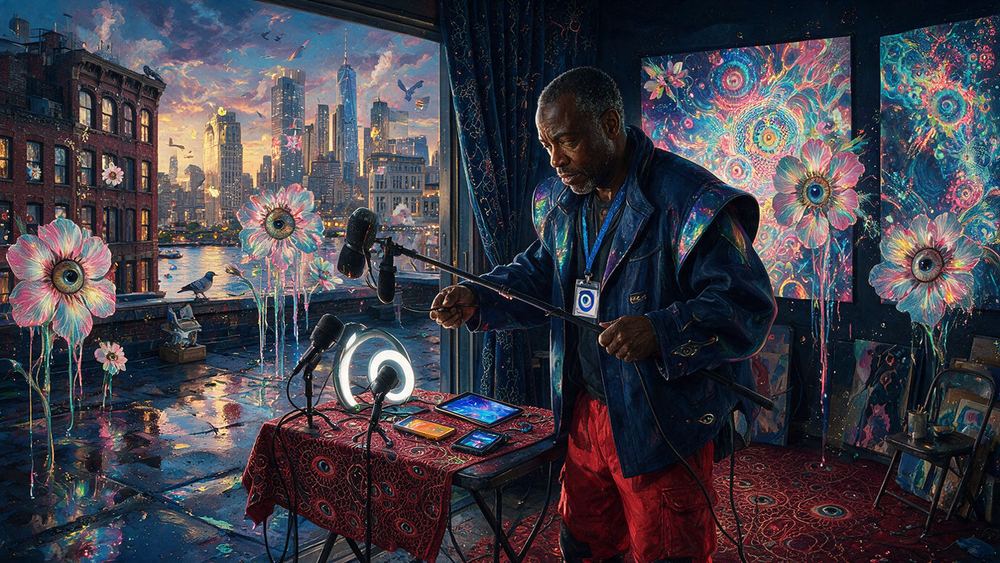 Desmond Baptiste, a sound man who holds a boom over a folding table in a gallery back room